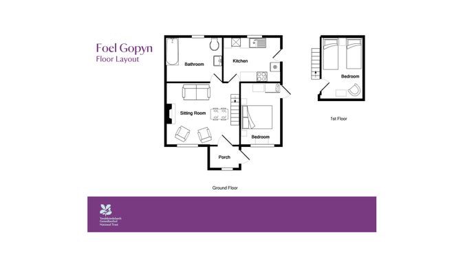 The floor plan for Foel Gopyn, showing the ground floor with porch, sitting room, bedroom and bathroom on the ground floor, and the first floor with twin bedroom
